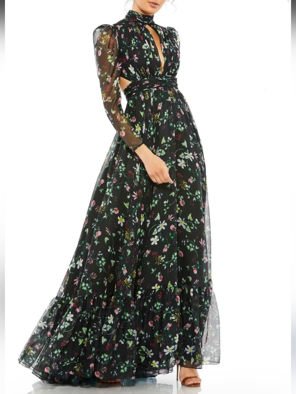 Mac Duggal Floral High Neck Puff Sleeve Gown s10